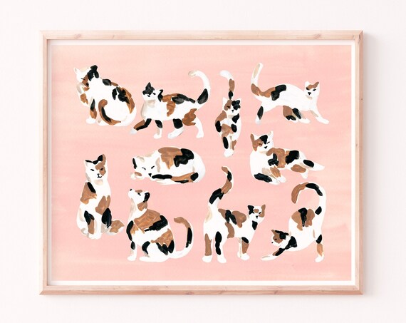 Calico Cat Art Print, Fun Cat Illustration