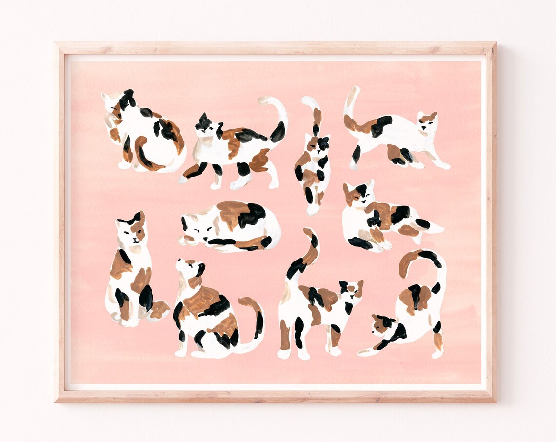 Calico Cat Art Print, Fun Cat Illustration