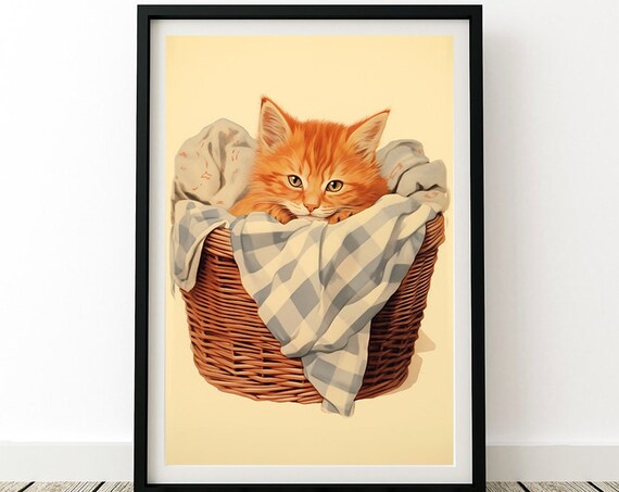 Cute Ginger Kitten in Wicker Laundry Basket Adorable Animal Poster