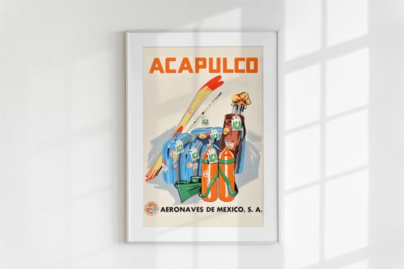 Acapulco Travel Poster Vintage Mexican Airline Wall Art Midcentury Retro Decor Gift For Him Or Her