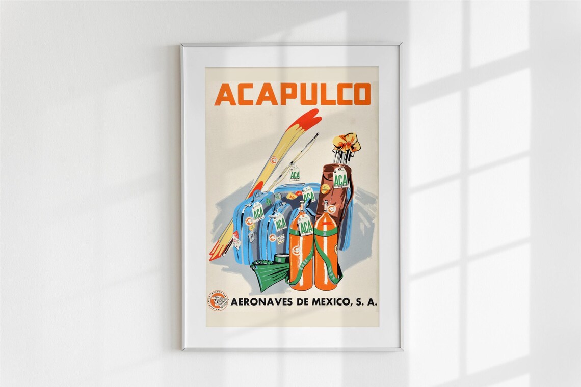 Acapulco Vintage Airline Luggage Travel Mexican Retro Art Poster