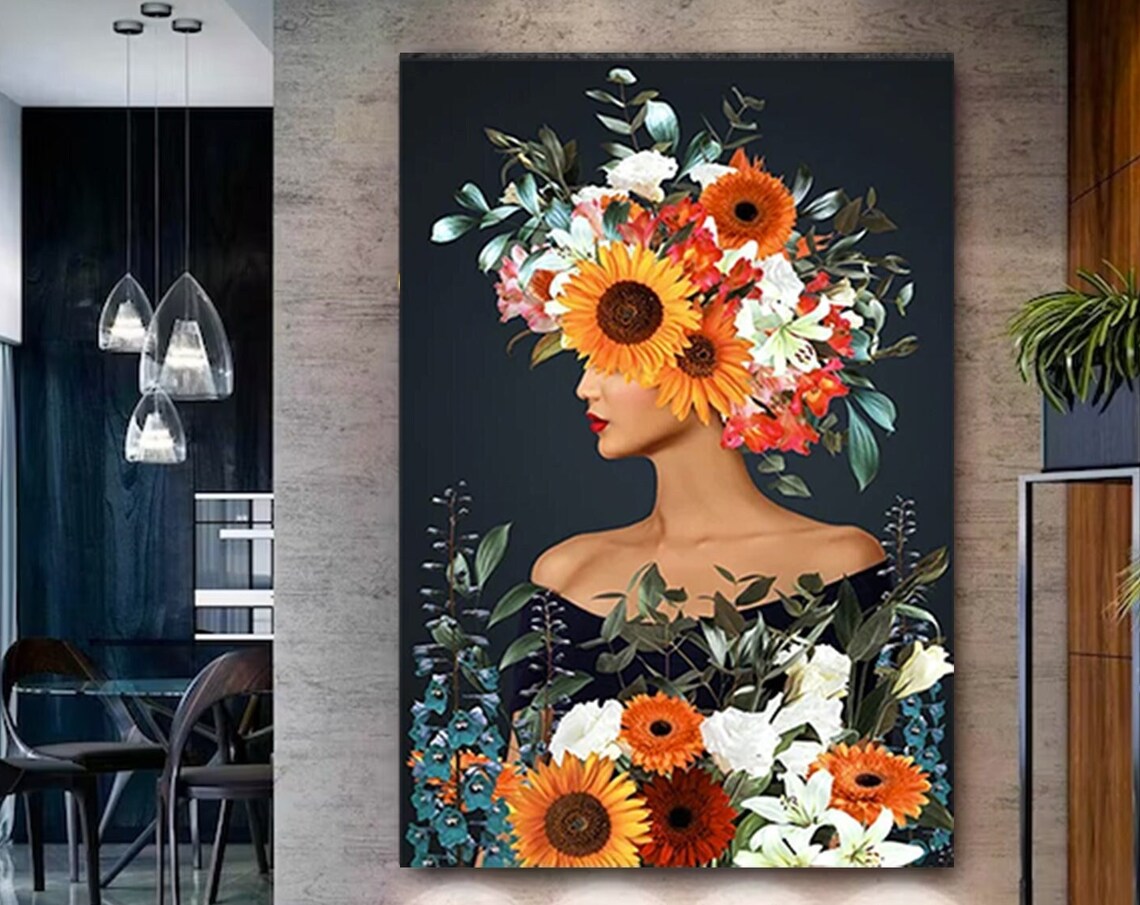 Woman Sunflower Crown Painting Floral Portrait Botanical Wall Art