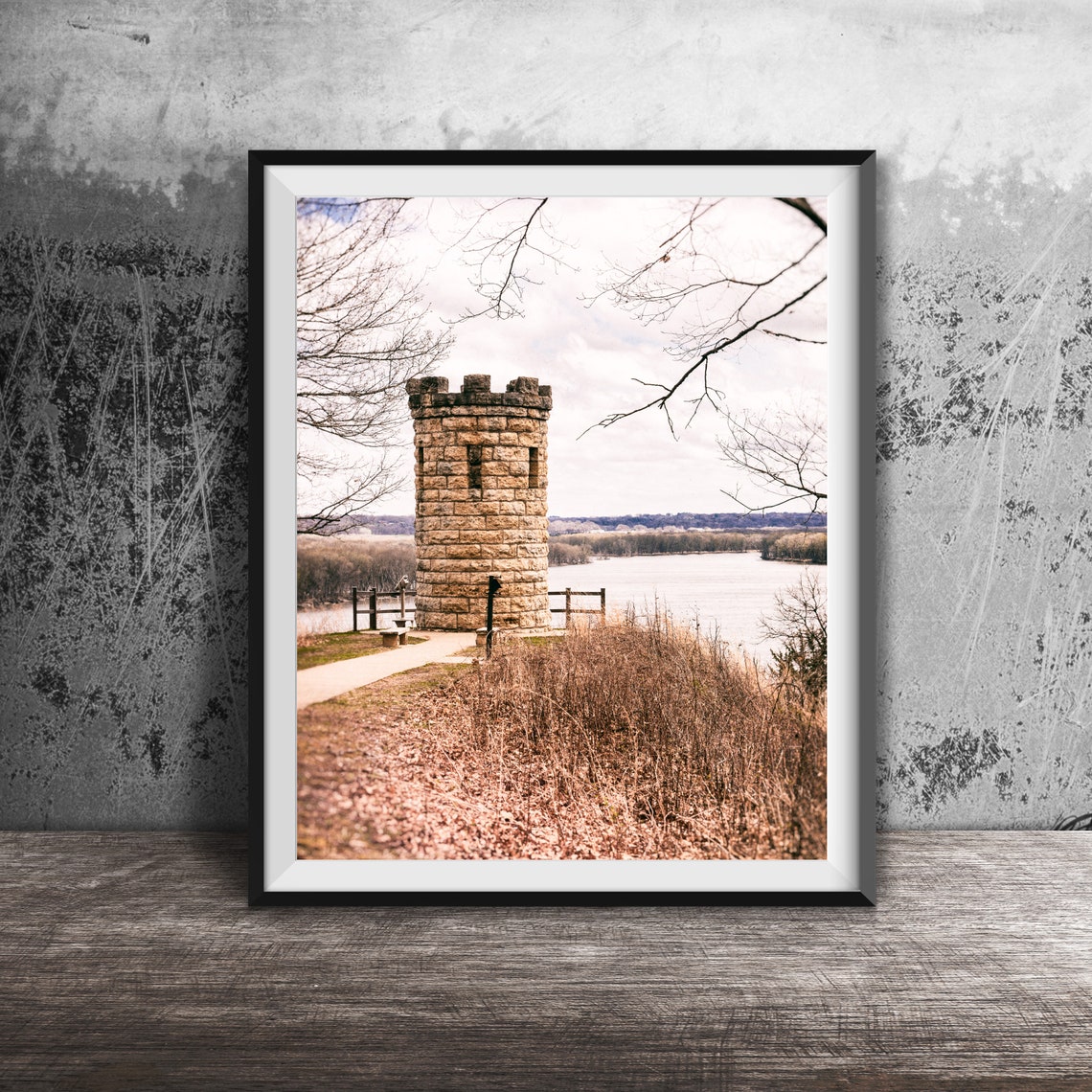 Stone Tower River Bluff Overlook Winter Nature Scene Photo Poster
