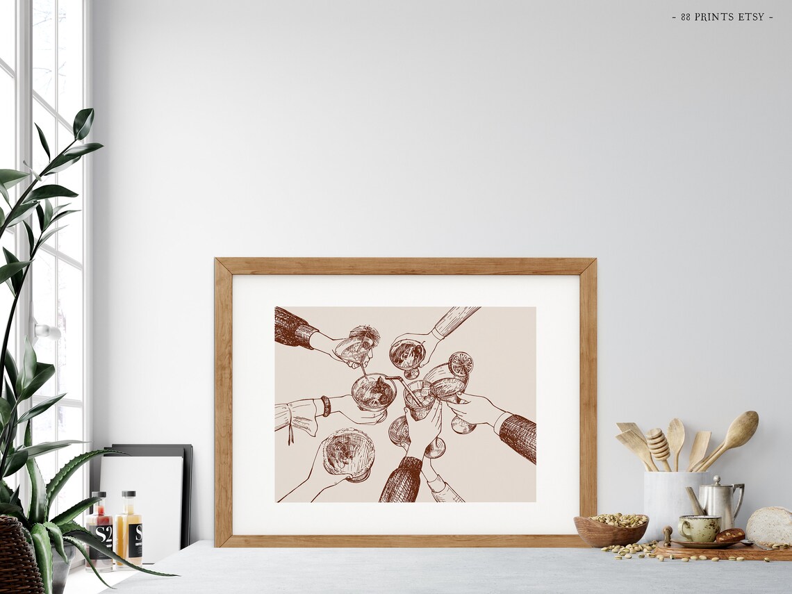 Cheers Cocktail Toast Friends Vintage Sepia Ink Bar Cart Print - Image 4