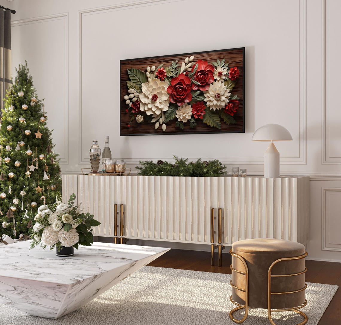 Red Cream Floral Christmas Paper Flower Winter Botanical Poster - Image 4