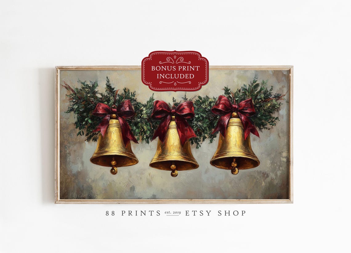 Golden Holiday Bells Christmas Frame TV Art Festive Garland Poster