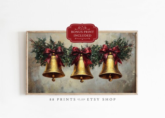 Golden Holiday Bells Christmas Frame TV Art Festive Garland Poster