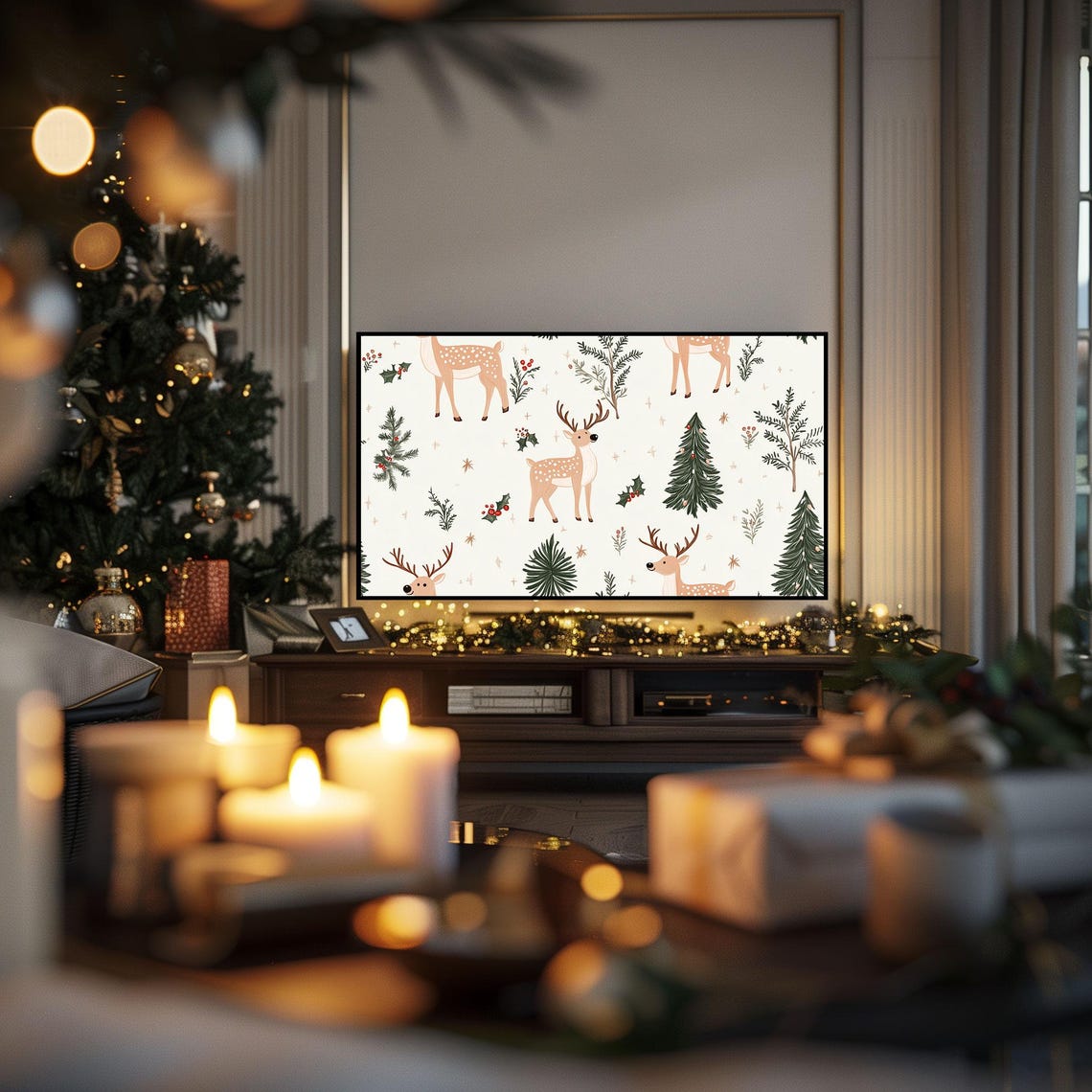 Charming Festive Reindeer Pattern Christmas Frame Tv Holiday Poster - Image 3