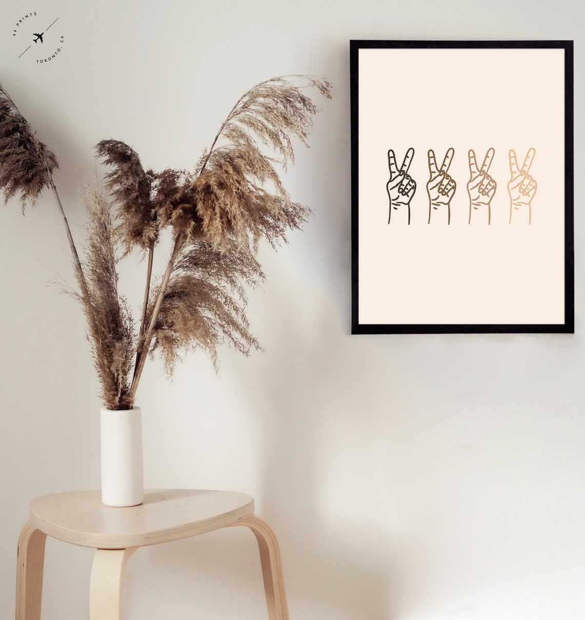 Peace Sign Hands Line Art Set of Four Beige Boho Minimalist Poster - Image 3
