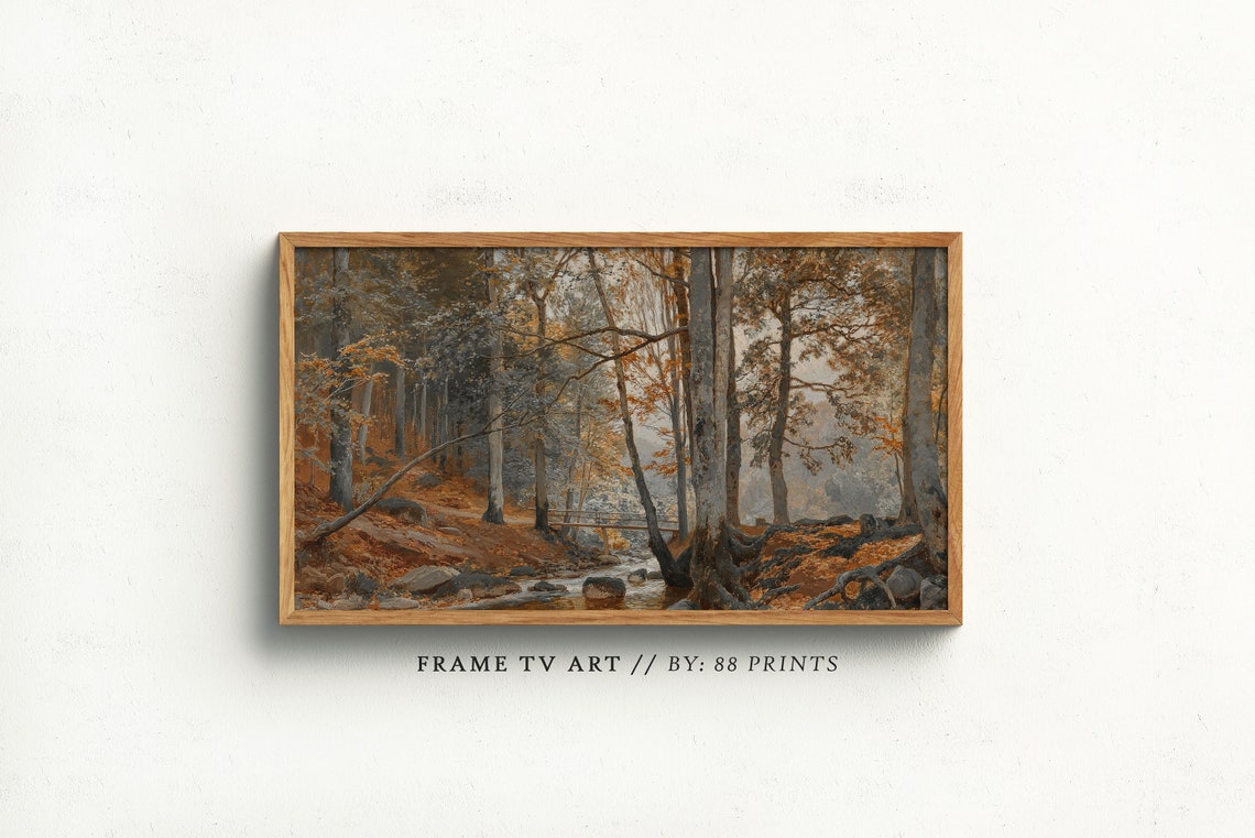 Vintage Autumn Forest Stream Moody Landscape Painting Poster - Image 2