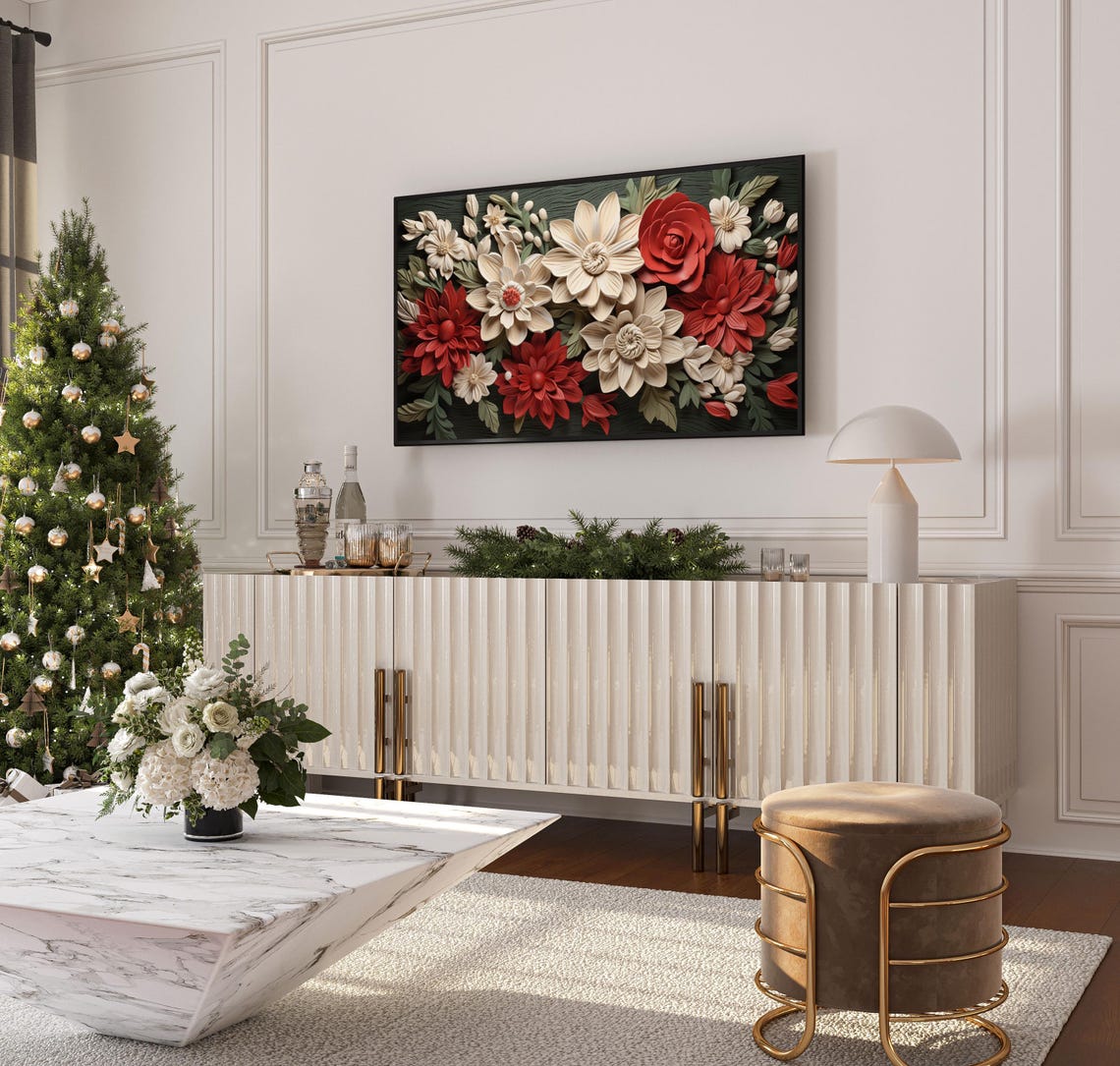 Red White Holiday Paper Flowers Winter Botanical Decor Poster - Image 4
