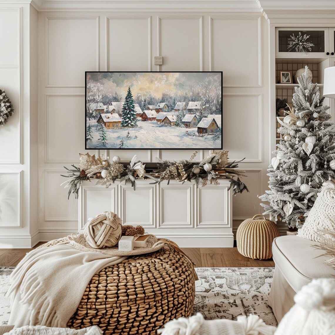Cozy Snowy Winter Village Christmas Oil Painting Holiday Poster - Image 2