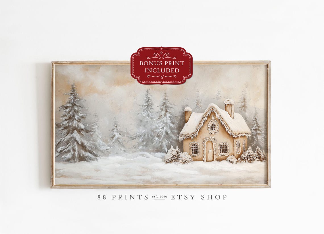 Snowy Gingerbread Cottage Winter Forest Wonderland Painting Poster