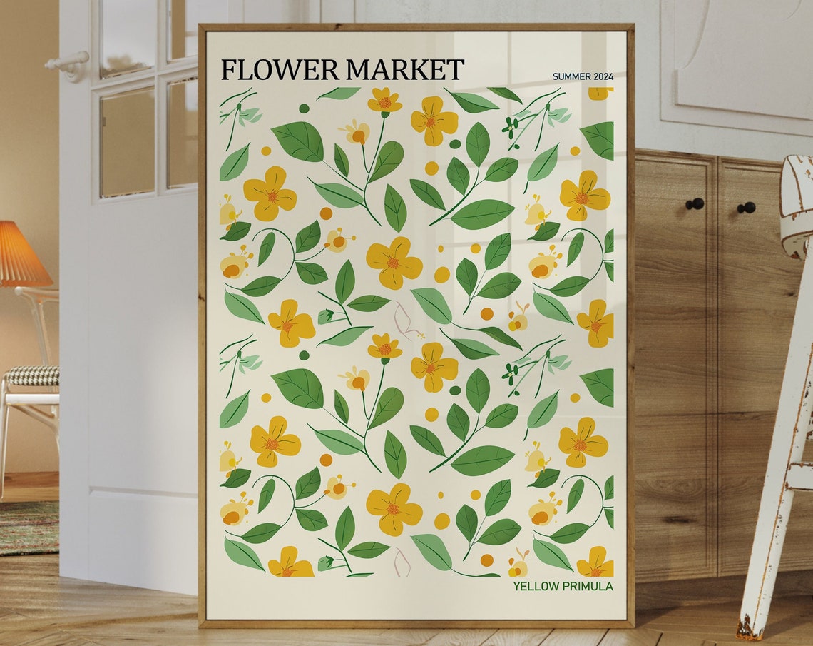 Flower Market Poster Flower Bar Modern Floral Poster Flower Market Print Botanical Wall Art Green And Yellow Flowers Art Prints