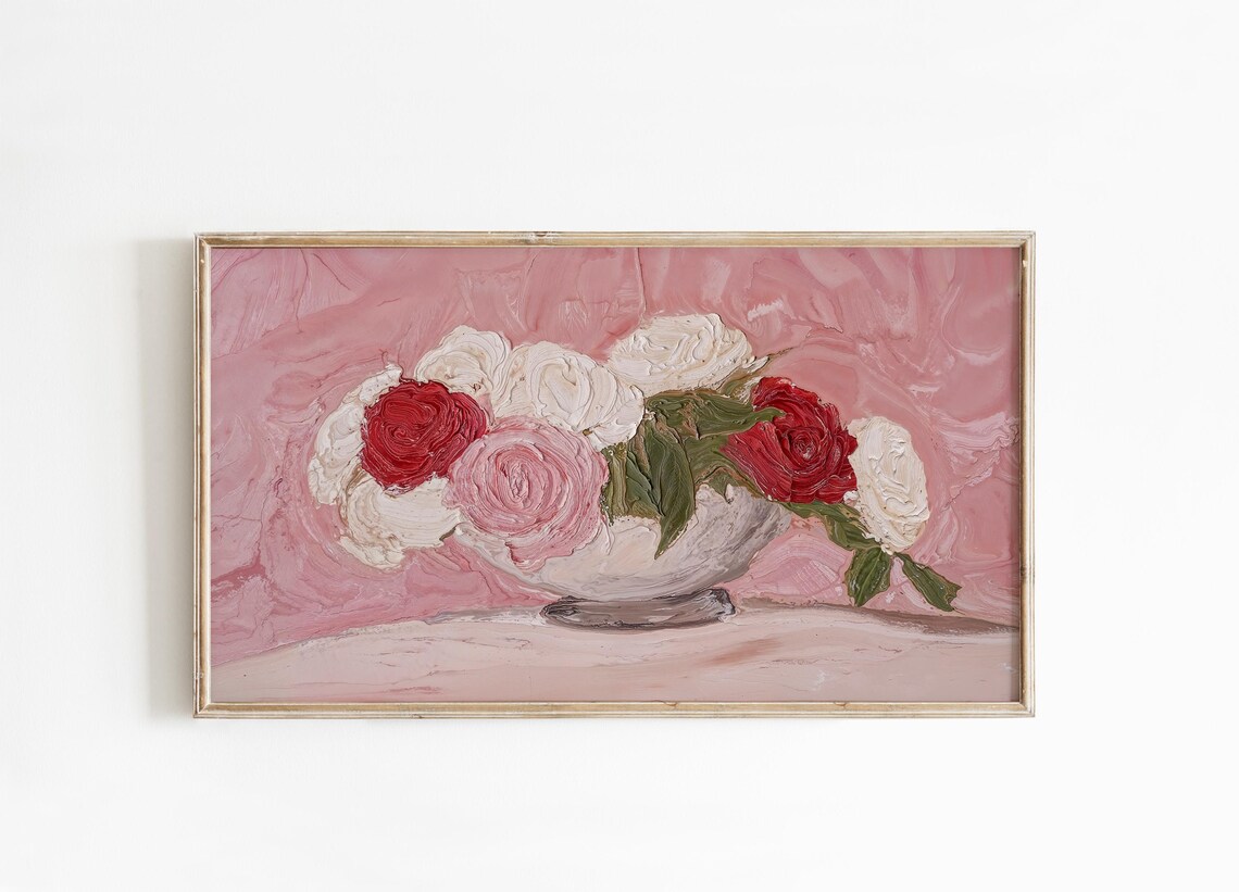 Textured Impasto Roses Bowl Pink Background Vintage Floral Oil Print - Image 3