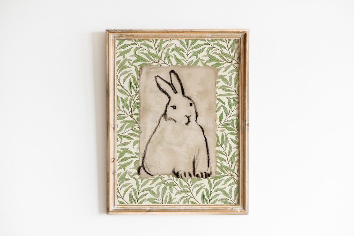 Bunny Sketch Green Botanical Leaf Border Spring Easter Nursery Print - Image 4