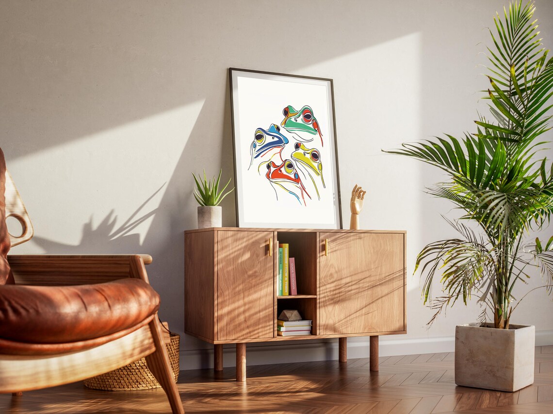 Four Colorful Frog Faces Matisse Style Line Art Poster Whimsical - Image 2