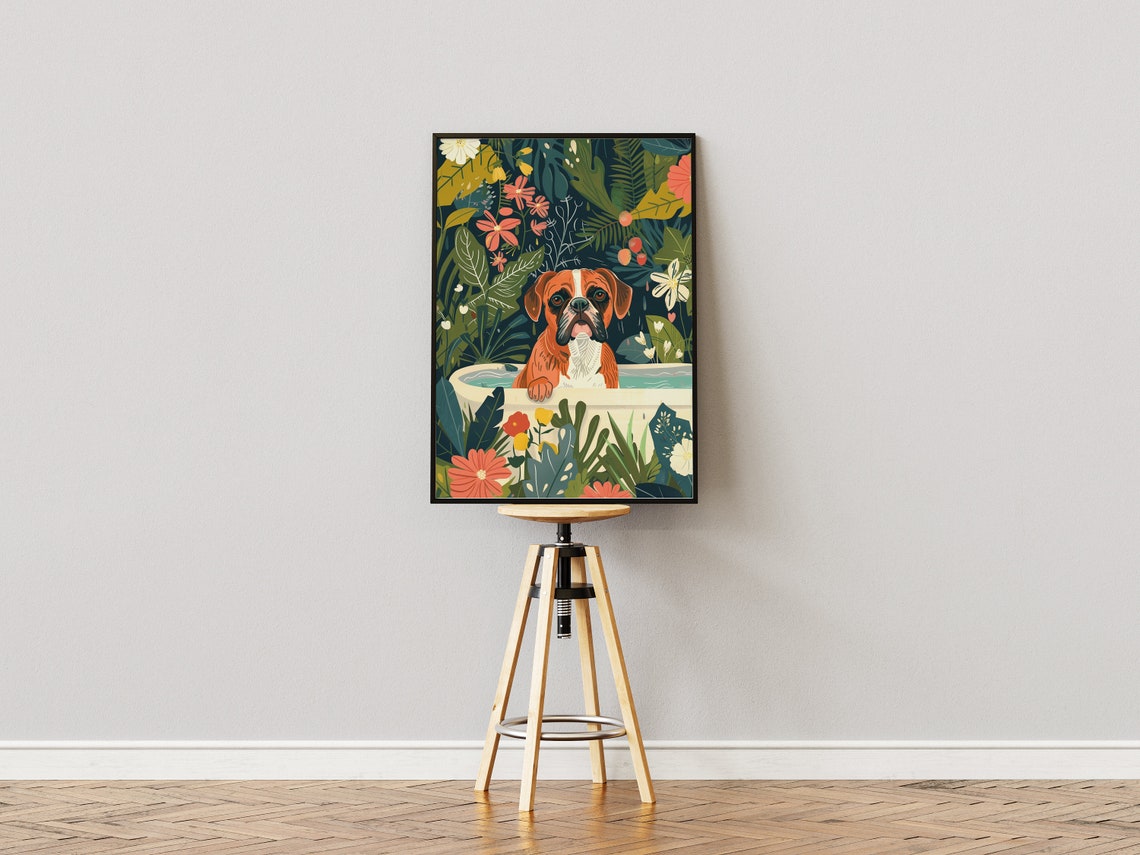 Boxer Dog in Bathtub Tropical Floral Maximalist Whimsical Dog Poster - Image 3
