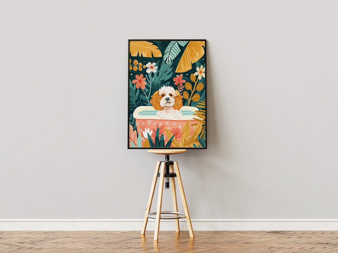 Cavoodle Puppy Bathing in a Lush Tropical Jungle Bathtub Art Poster - Image 3