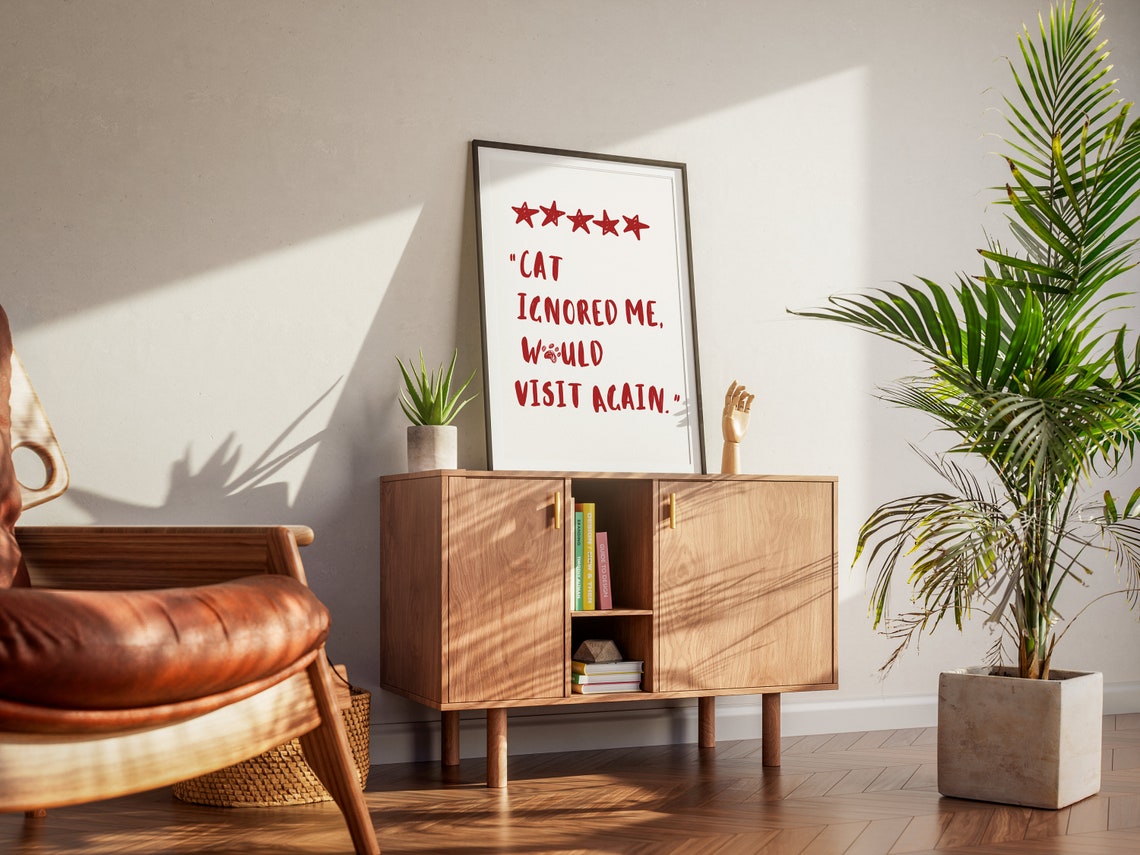 Red Handwritten Cat Ignored Me Five Star Review Quote Funny Poster - Image 3
