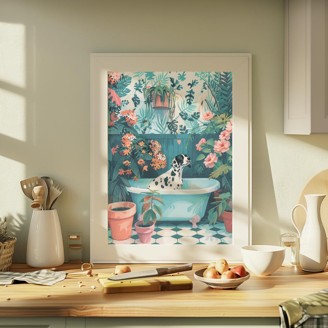 Dalmatian Dog in a Bathtub Among Lush Tropical Jungle Plants Poster - Image 2
