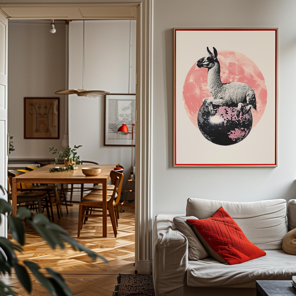 Llama Sitting On Disco Ball Pink Moon Collage Poster Cosmic Animal - Image 3