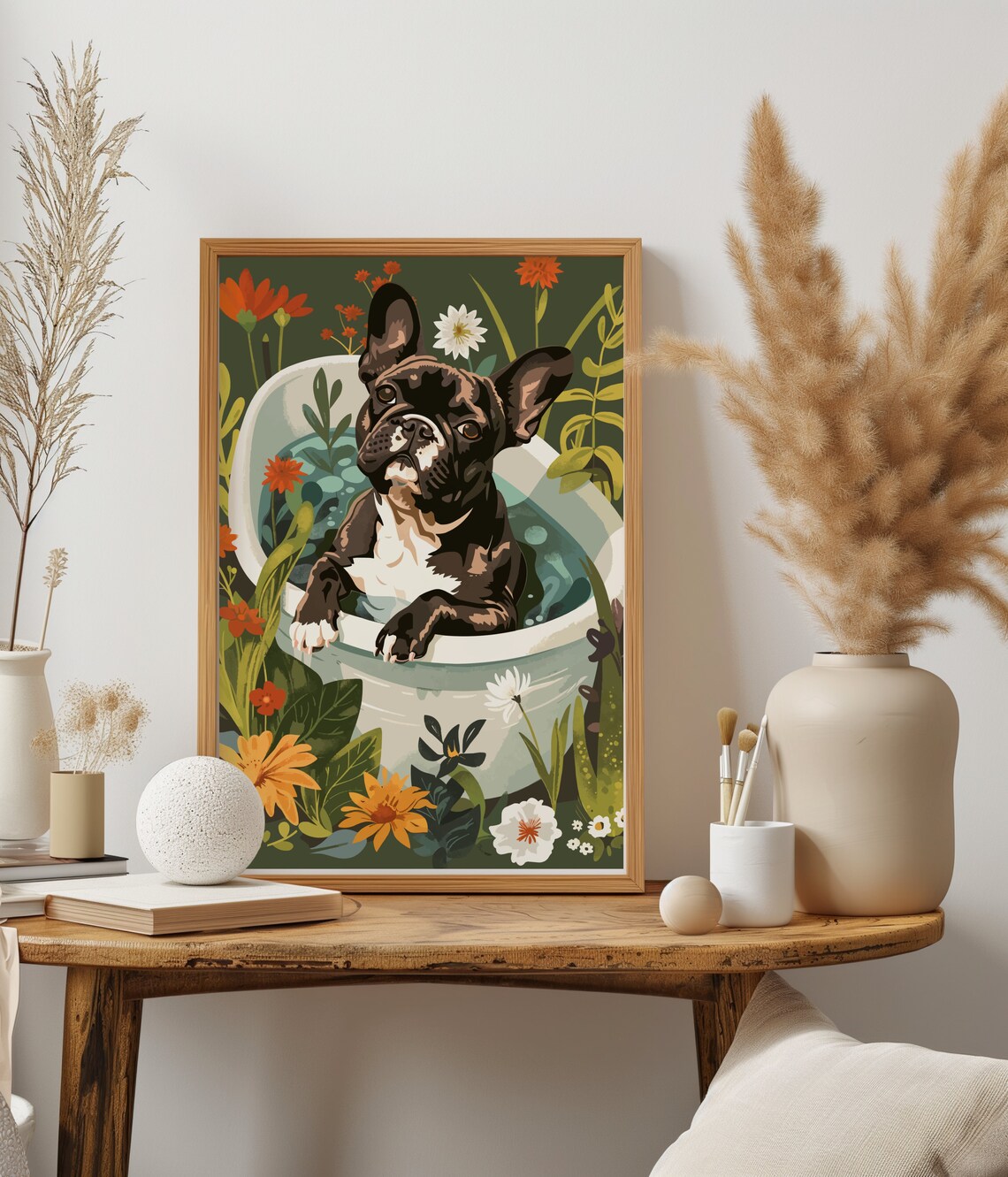 Brindle French Bulldog Bathtub Floral Dark Botanical Dog Poster - Image 2