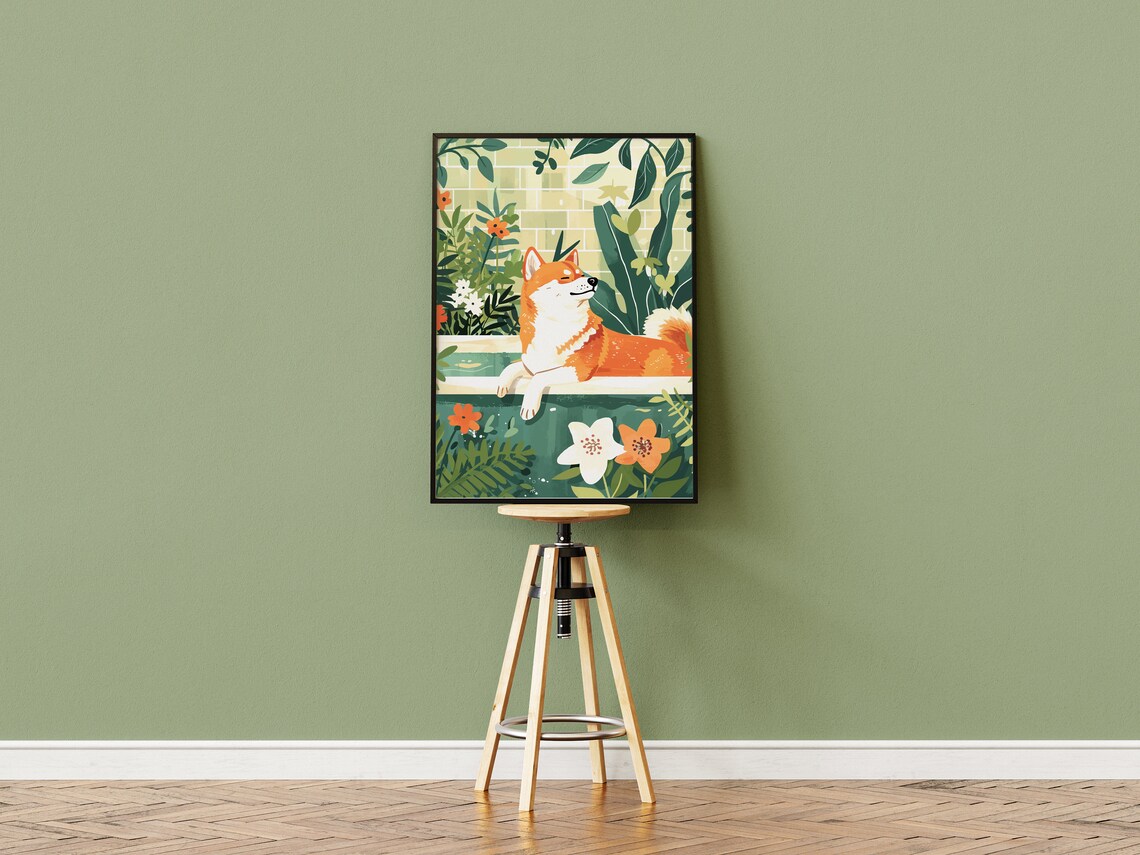 Shiba Inu Bathtub Botanical Brick Tile Japanese Style Dog Poster - Image 2