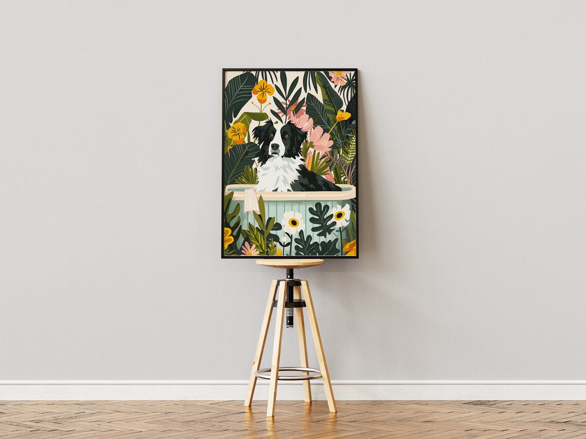 Border Collie in Bathtub Tropical Floral Whimsical Dog Poster - Image 3