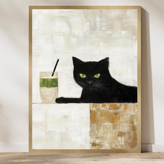 Black Cat Beside A Matcha Drink Minimalist Modern Cat Art Poster