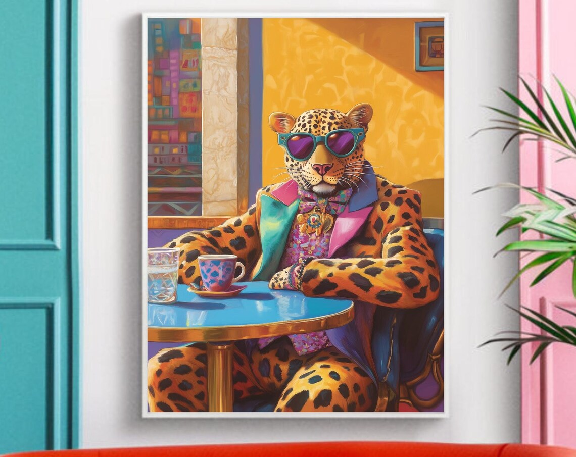 Stylish Leopard In Sunglasses Enjoying Coffee At A Cafe Art Poster - Image 3