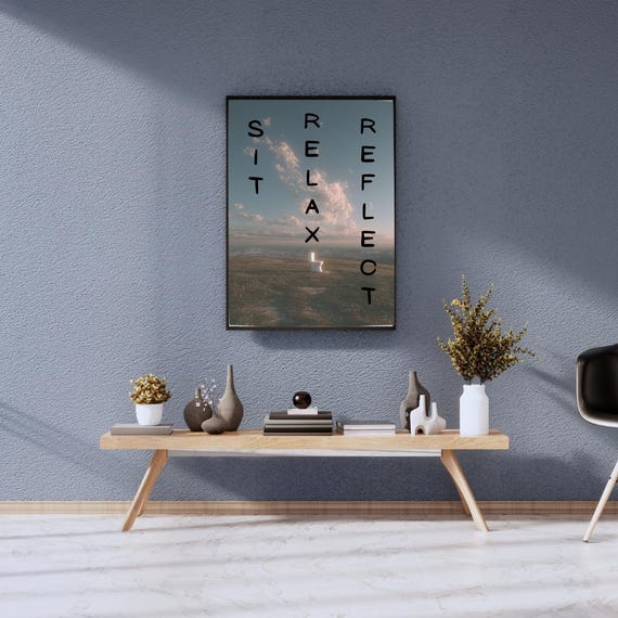 Sit Relax Reflect Poster Funny Bathroom Wall Art Toilet Decor Print Minimalist Cloud Landscape Restroom Humor Artwork