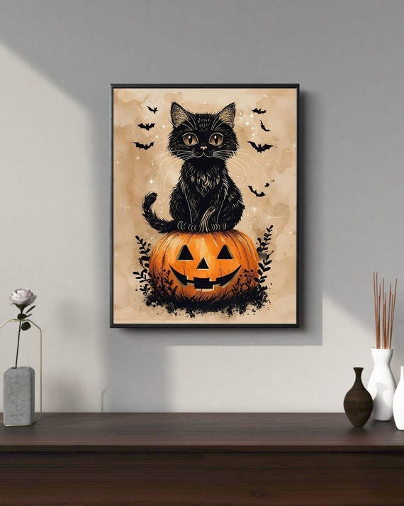 Black Cat Halloween Wall Art Cute Vintage Pumpkin Illustration Spooky Fall Decor