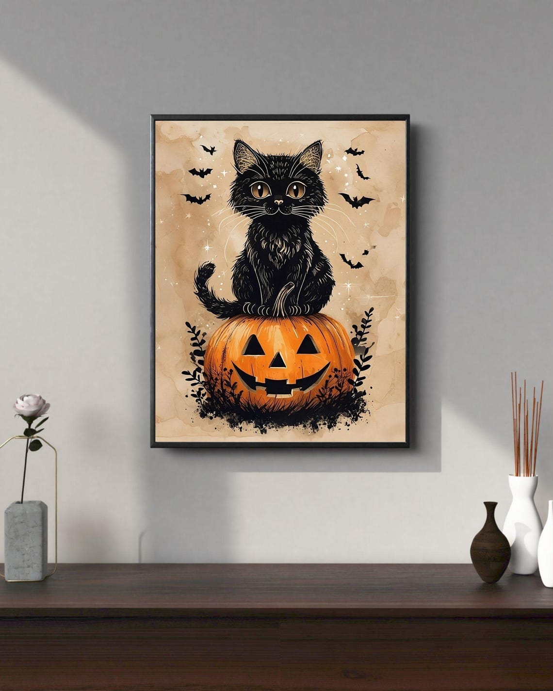 Black Cat Halloween Wall Art Cute Vintage Pumpkin Illustration Spooky Fall Decor