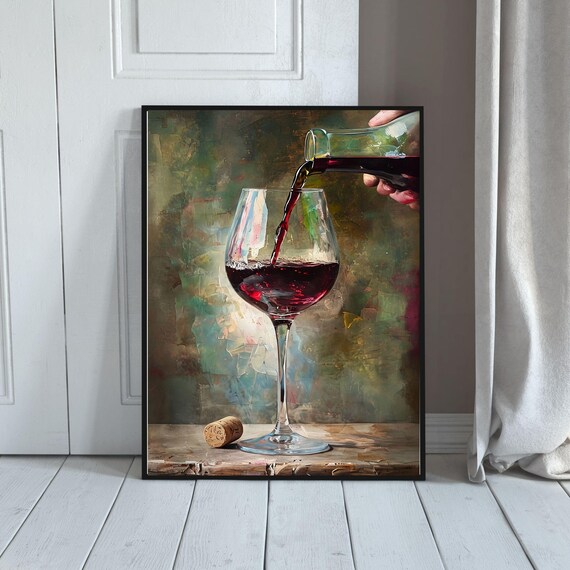 Red Wine Pouring Into Glass Elegant Oil Painting Kitchen Print