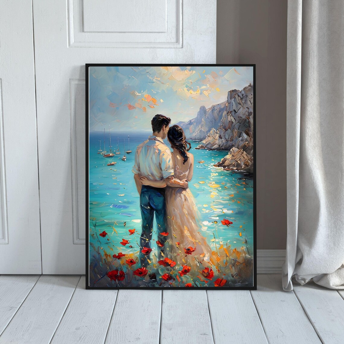 Romantic Couple Coastal Bay Impressionist Painting Sunset Love Poster
