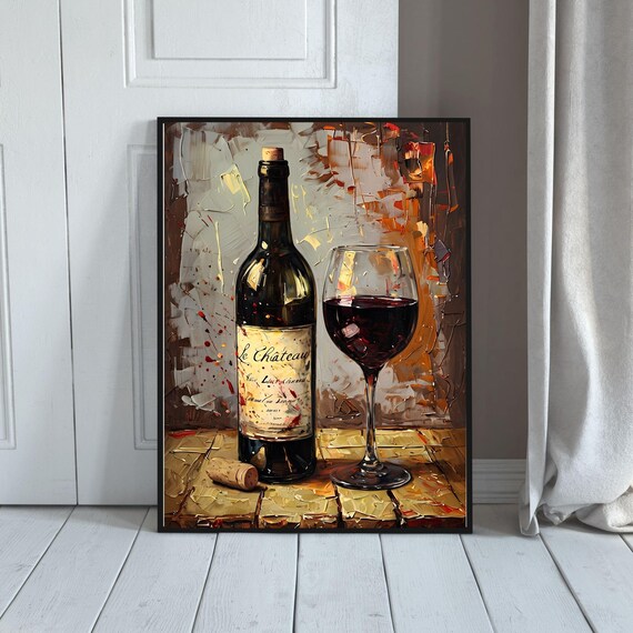 Red Wine Bottle And Glass Le Chateau Rustic Oil Painting Print
