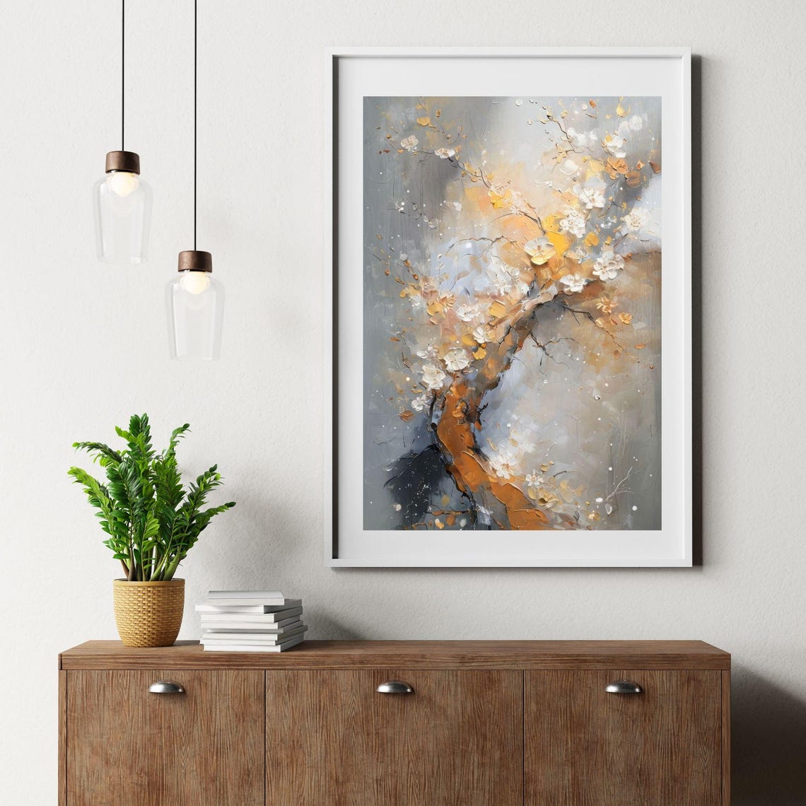 Textured Golden Blossom Abstract Floral Painting Neutral Art Poster