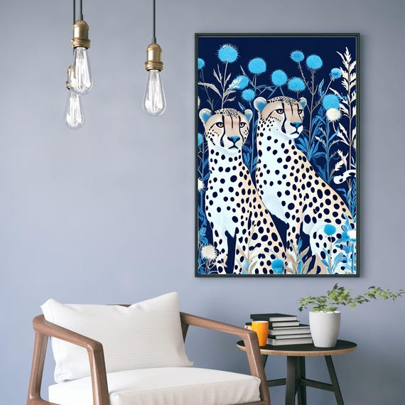 Blue Cheetahs Wall Art Elegant Jungle Poster Hayalmeyal Workshop
