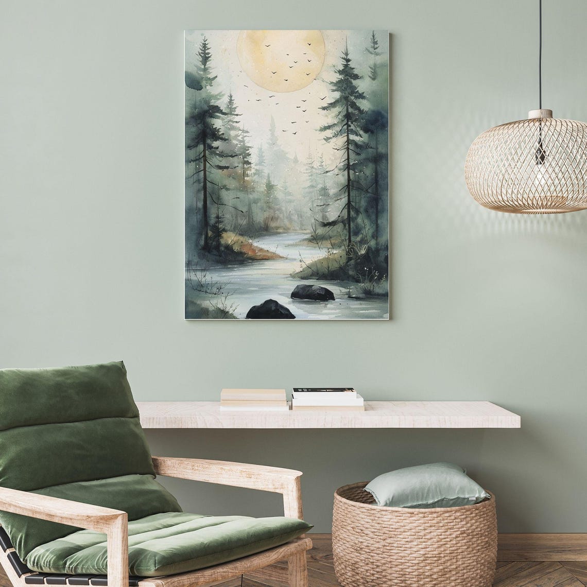 Misty Pine Forest Stream Moonlight Watercolor Boho Nature Poster