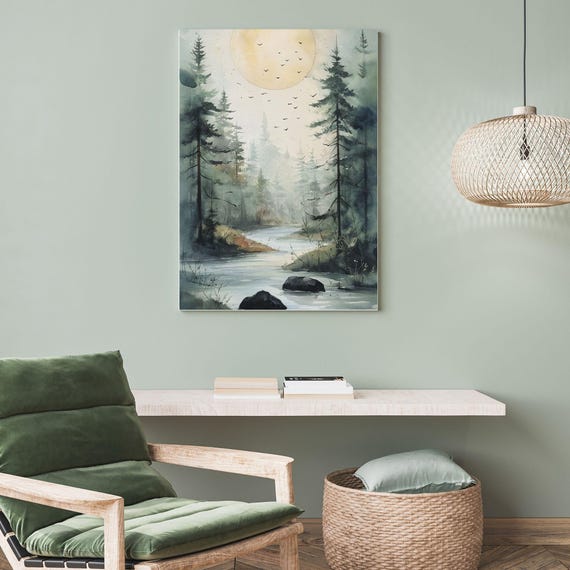 Serene Forest Landscape Wall Art Minimalist Nature Watercolor Boho Decor For Home Or Office