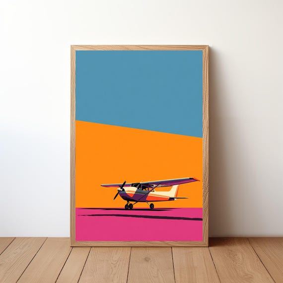 Minimalist Cessna Plane Poster Modern Aviation Wall Art Small Aircraft In Sky Print Simple Pilot Decor Clean Flight Illustration Avi45
