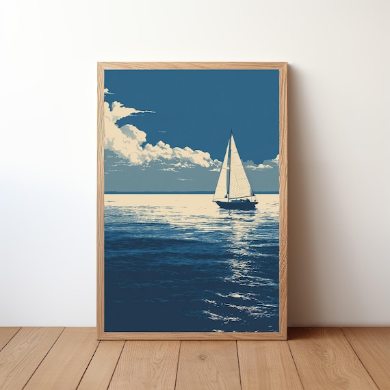 Sailboat Under Clouds Vintage Style Ocean Sailing Scene Poster