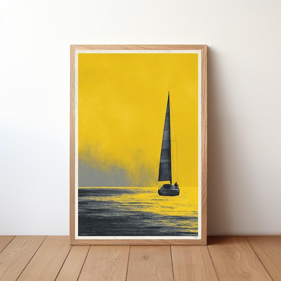 Minimalist Sailboat Yellow Sky Nautical Line Art Modern Gallery Poster