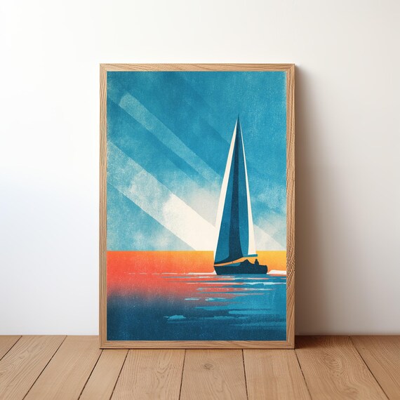 Sailboat Sunbeam Sky Teal Retro Orange Horizon Nautical Sunset Poster