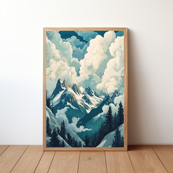 Snowy Mountain Peaks Dramatic Clouds Vintage Illustration Poster