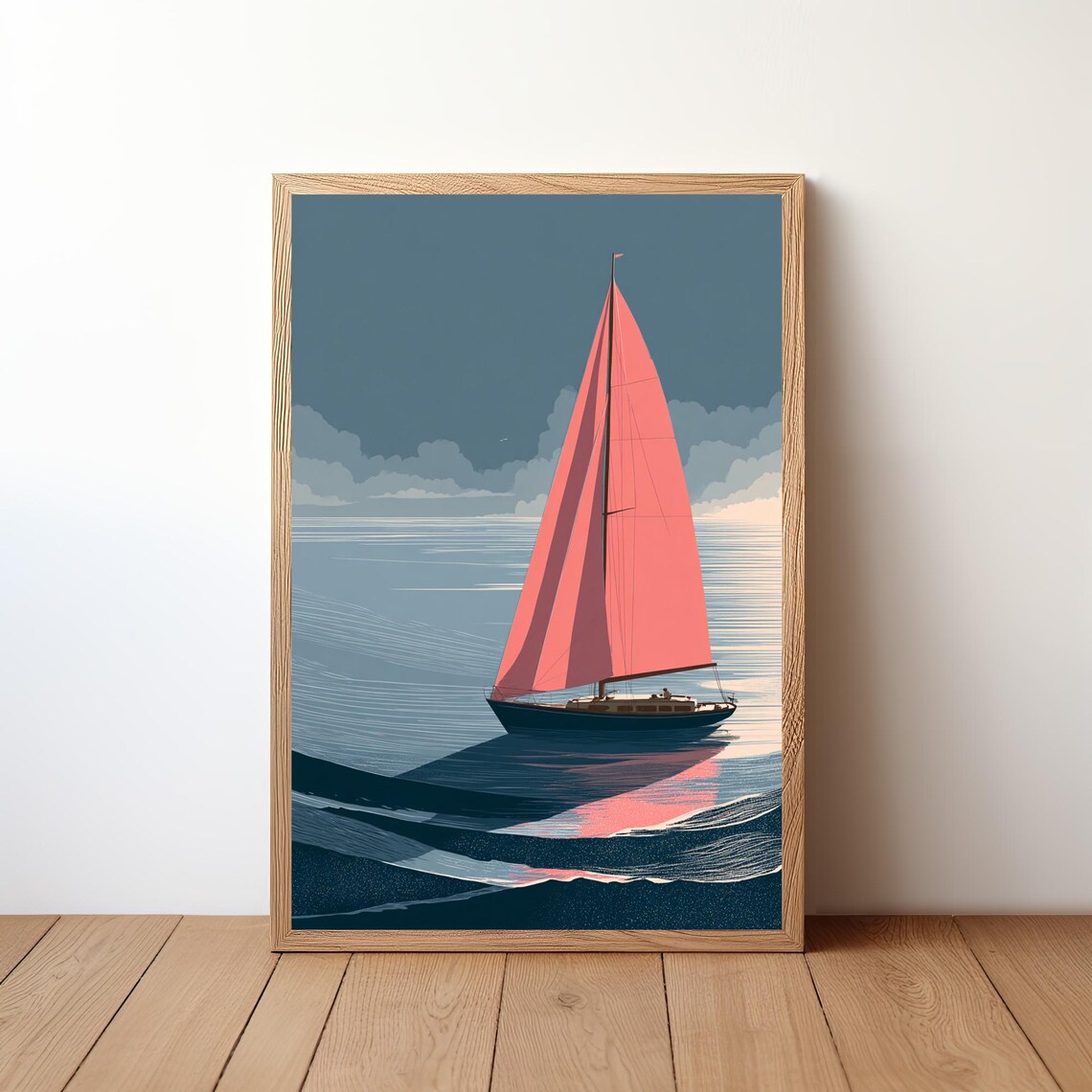 Sailboat Pink Sails Slate Blue Sky Dark Sea Monochrome Nautical Art Poster