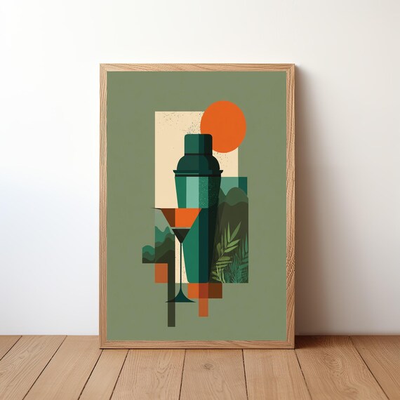 Modern Abstract Geometric Cocktail Shaker Sage Green Bar Poster