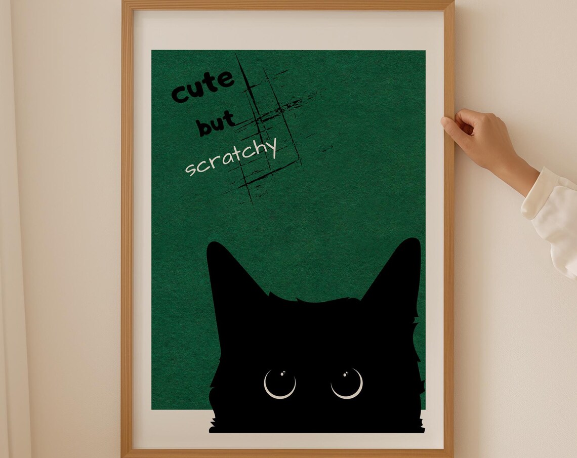 Cute but Scratchy Black Cat Peeking Around on Green Funny Poster