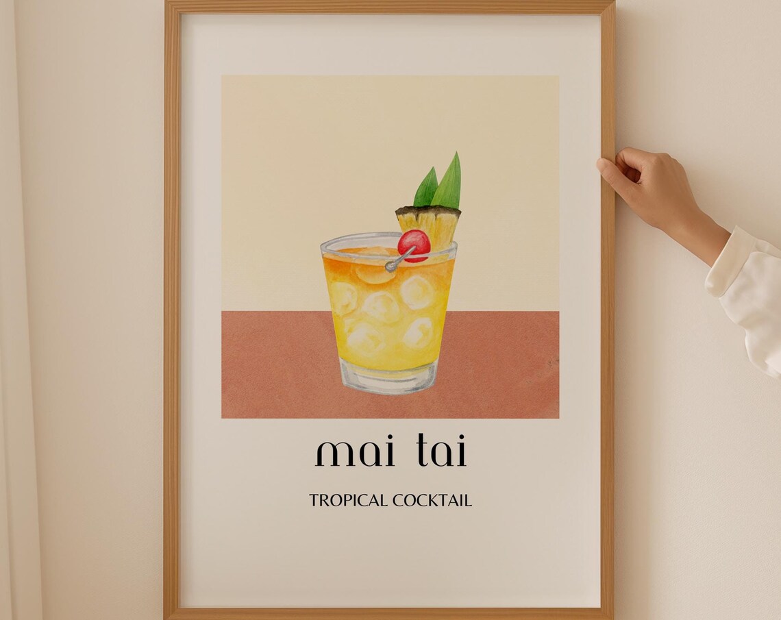 Mai Tai Tropical Cocktail Watercolor Bar Cart Kitchen Poster